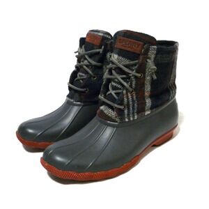 Sperry Saltwater Gray Duck Boots Blue Wool Plaid Womens 8.5M STS99716 Waterproof
